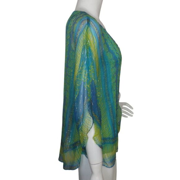 HALE BOB Top, M, Silk Layered Tank, Flutter Sleeves, V-neck, Blue/Green, Beaded - Picture 6 of 12